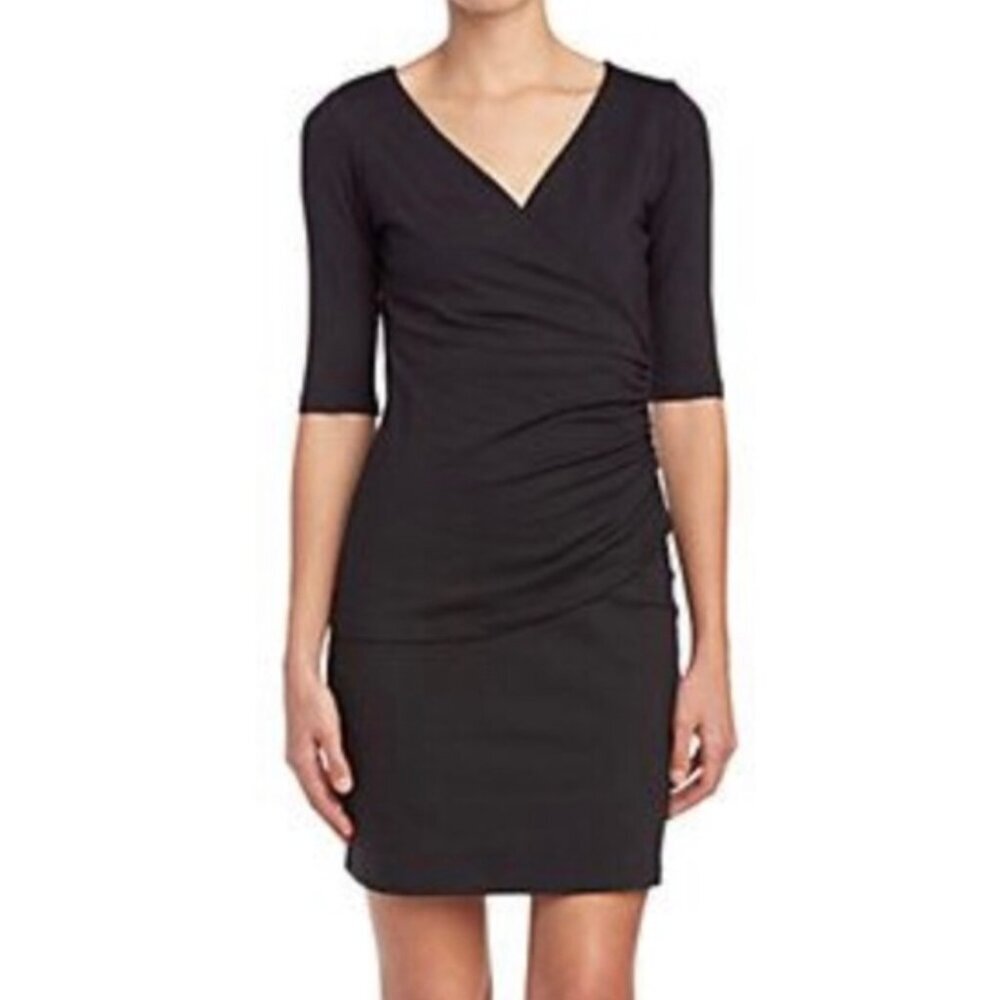 Susan Monaco Black Ruched Faux Wrap Crossover Short Sleeve Mini Dress sz Medium
